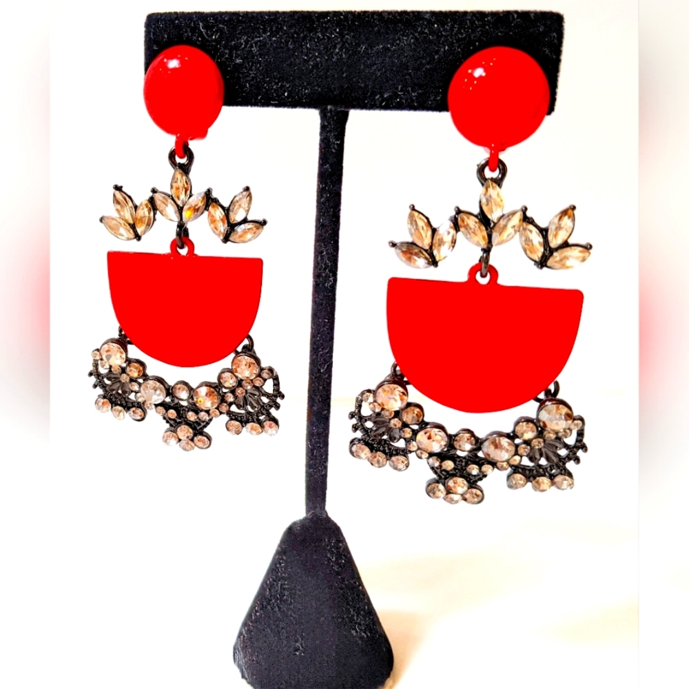 Glam Red Black Crystal Statement Earrings Odille PARIS France Omega Clip Post